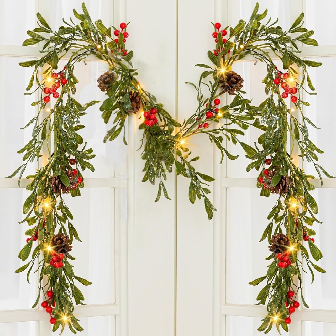 6.6FT Lighted Christmas Garland Prelit with 20 Led Lights, Flocked Garland Decorated with Pine Cones, Red Berry, Battery Operated with Timer for Mantle Stairs, Indoor Outdoor Decorations